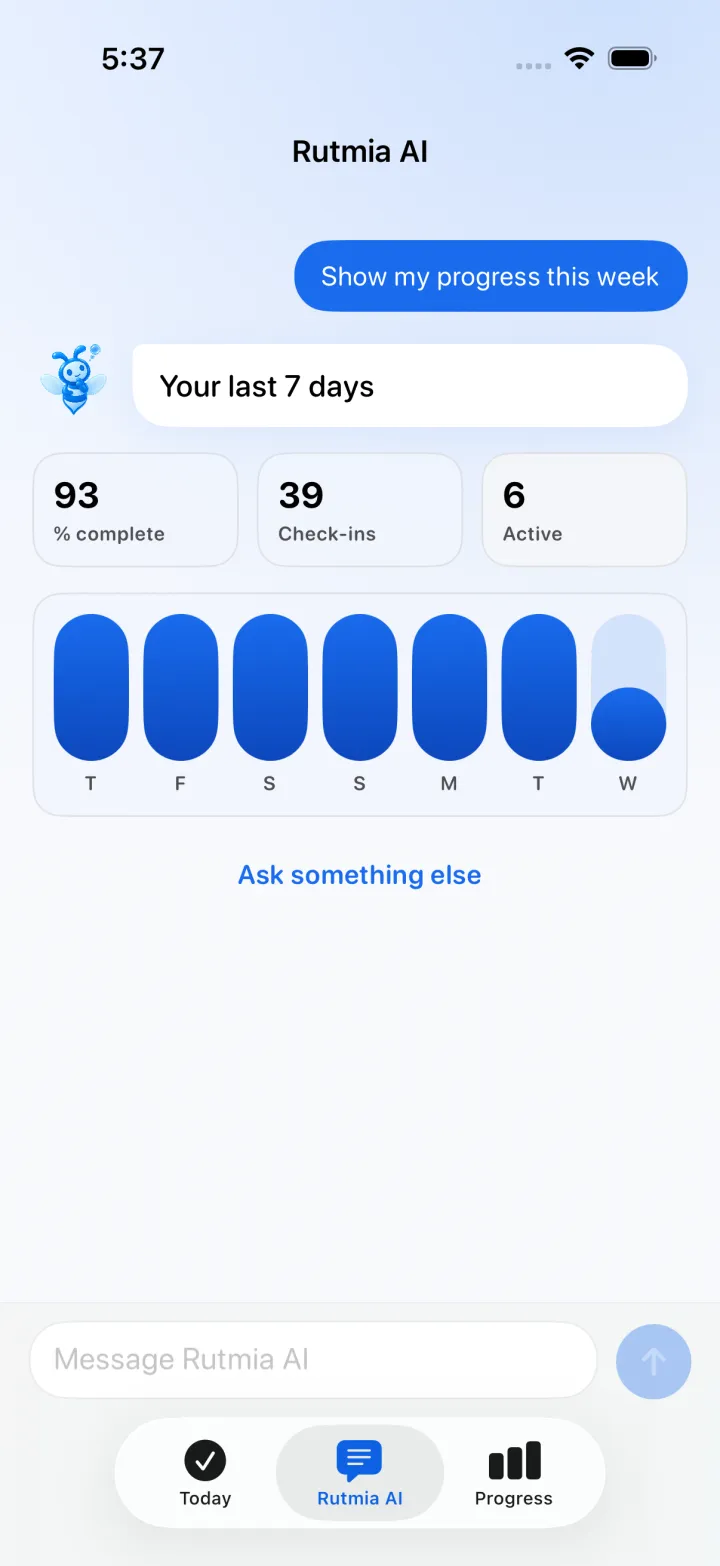 Rutmia AI answering with your last 7 days, completion rate, and check-ins