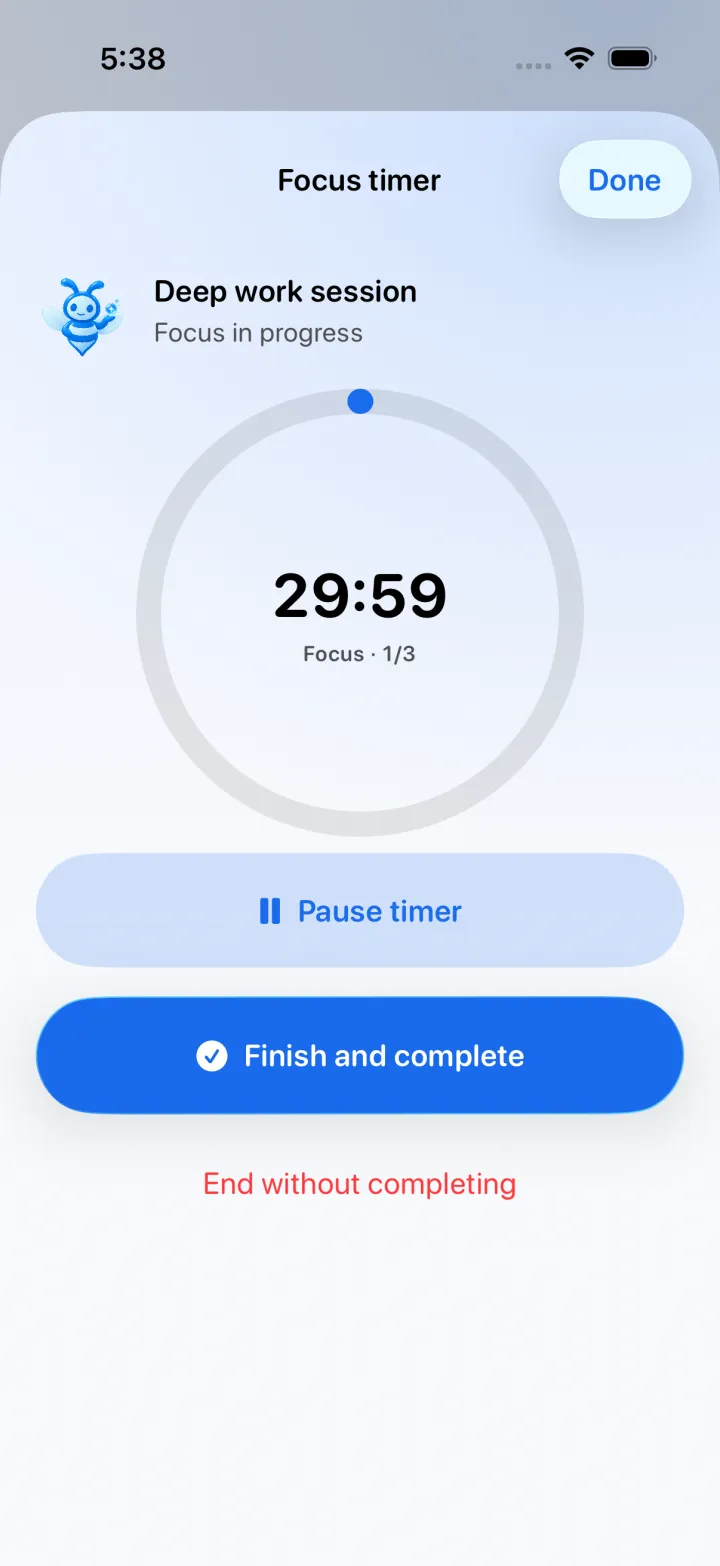 Focus timer running for a deep work session