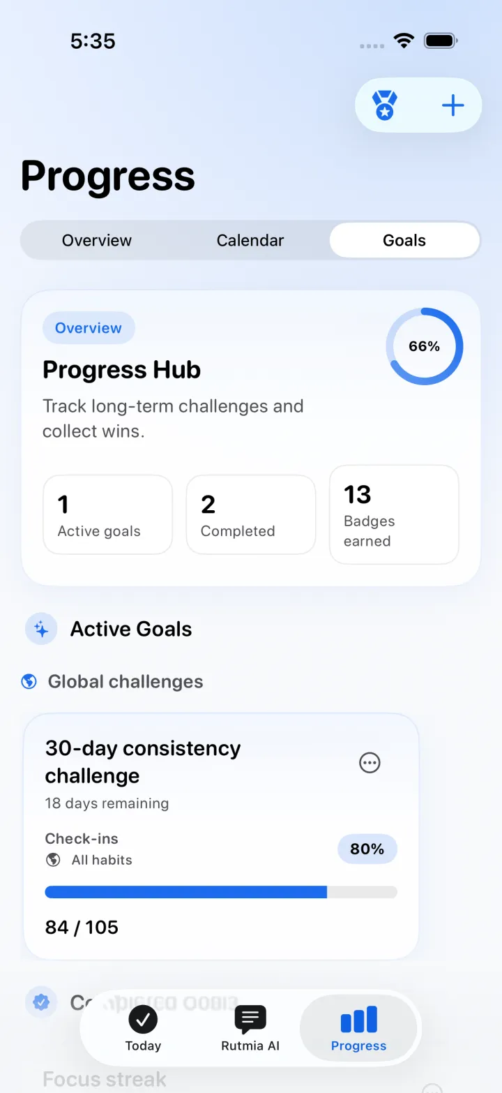 Progress Goals with active challenges, completed goals, and badges