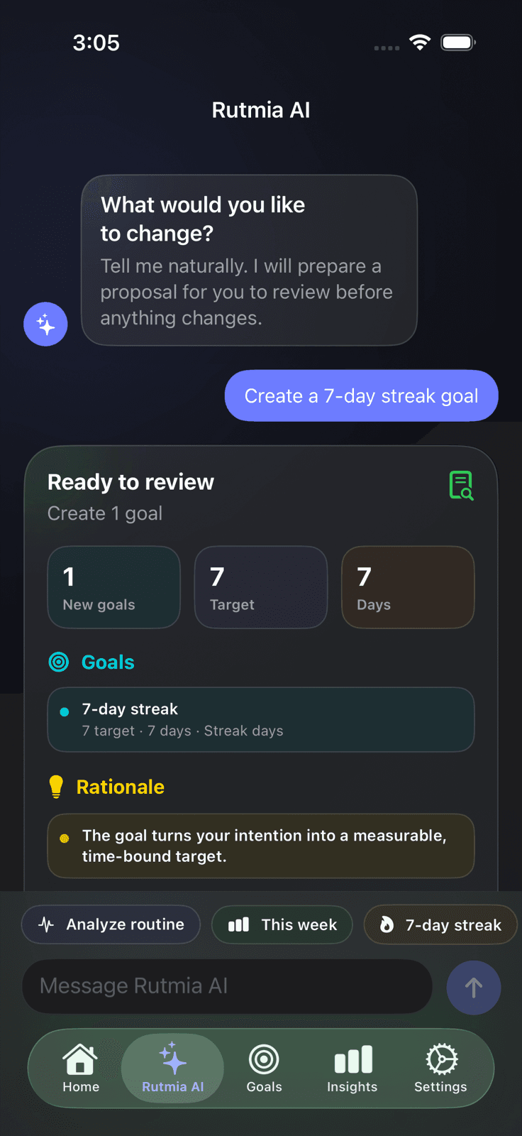 Real Rutmia AI screenshot showing a goal proposal ready to review