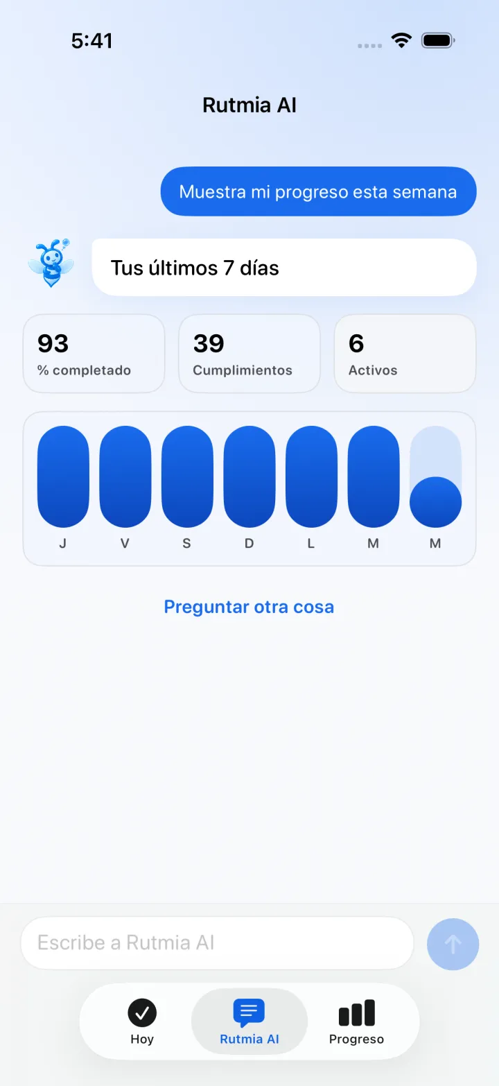 Rutmia AI respondiendo con tus últimos 7 días, porcentaje cumplido y registros
