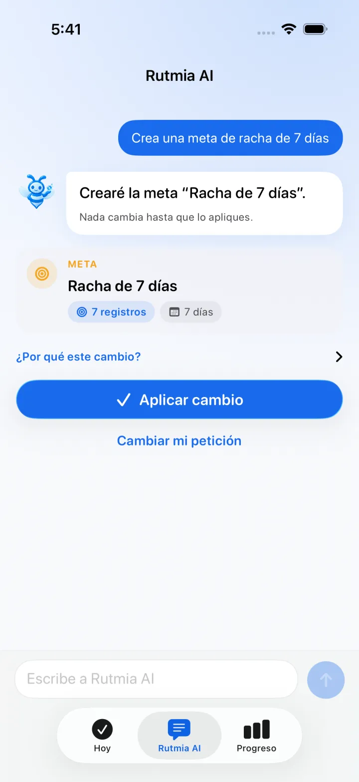 Rutmia AI con una meta propuesta y el botón Aplicar cambio
