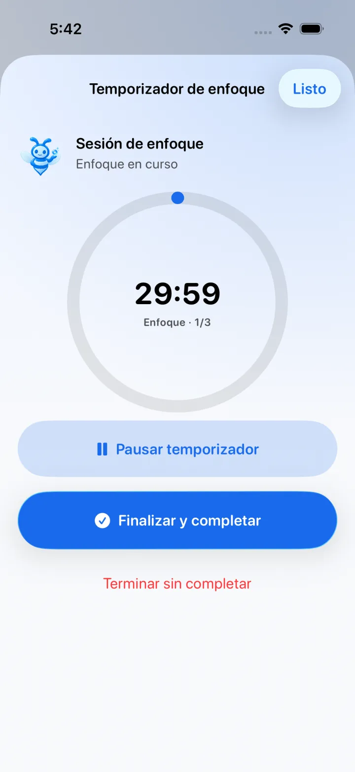 Temporizador de enfoque en curso para una sesión de trabajo profundo