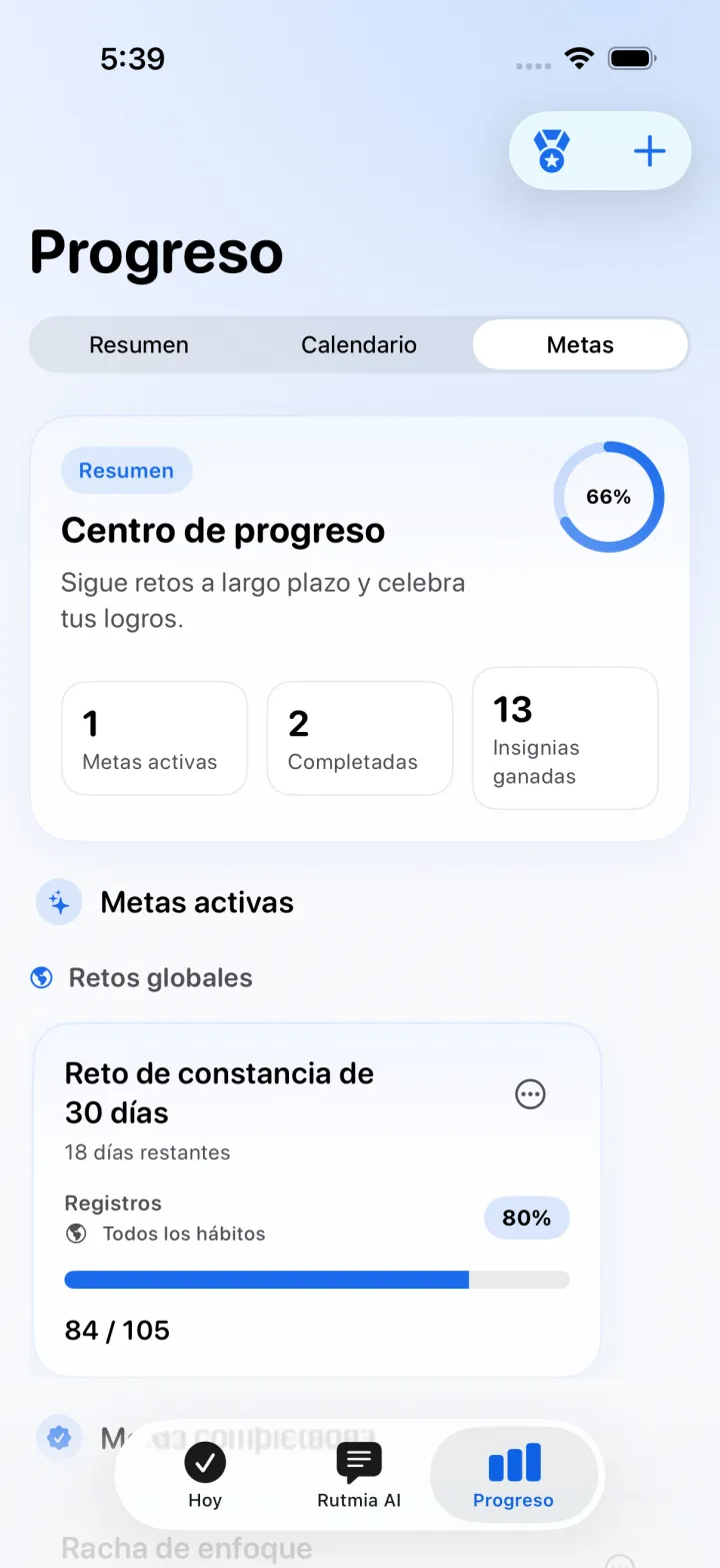 Progreso, Metas con retos activos, metas completadas e insignias