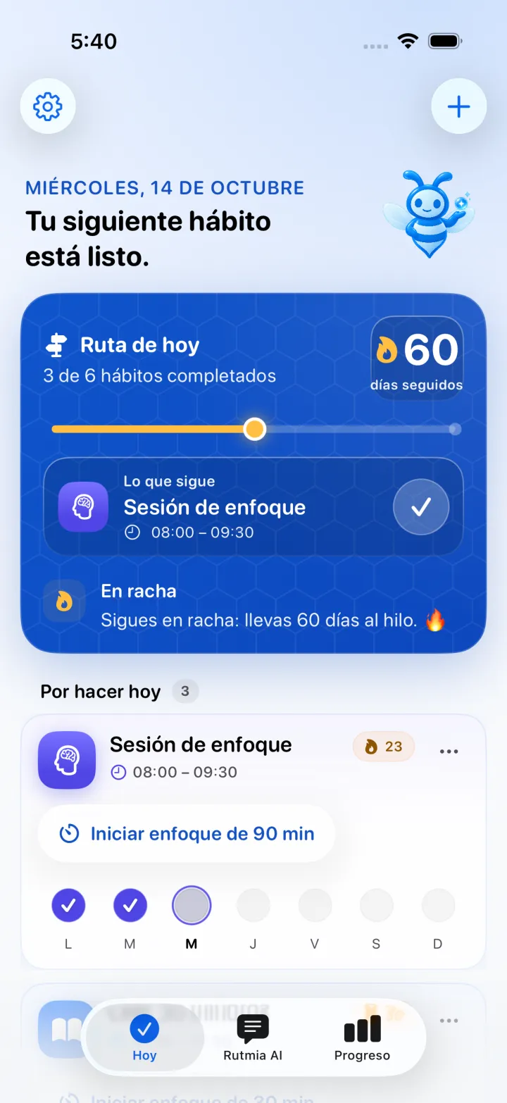 Captura real de Hoy en Rutmia 1.10 con la tarjeta Ruta de hoy, una racha de 60 días y lo que sigue