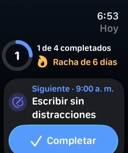 Captura real de Rutmia en Apple Watch con 1 de 4 completados, una racha de 6 días y el botón Completar