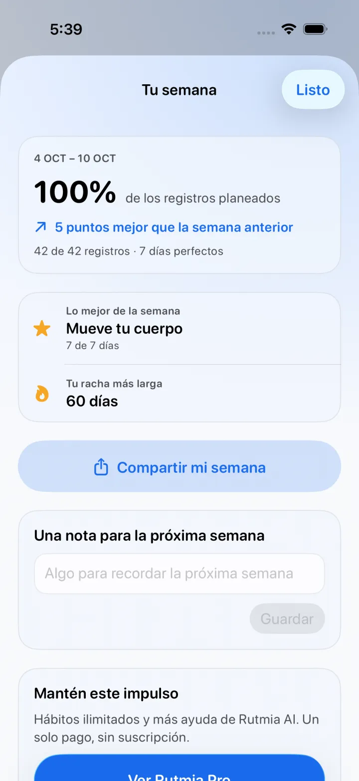 Resumen semanal con el porcentaje cumplido, lo mejor de la semana y Compartir mi semana